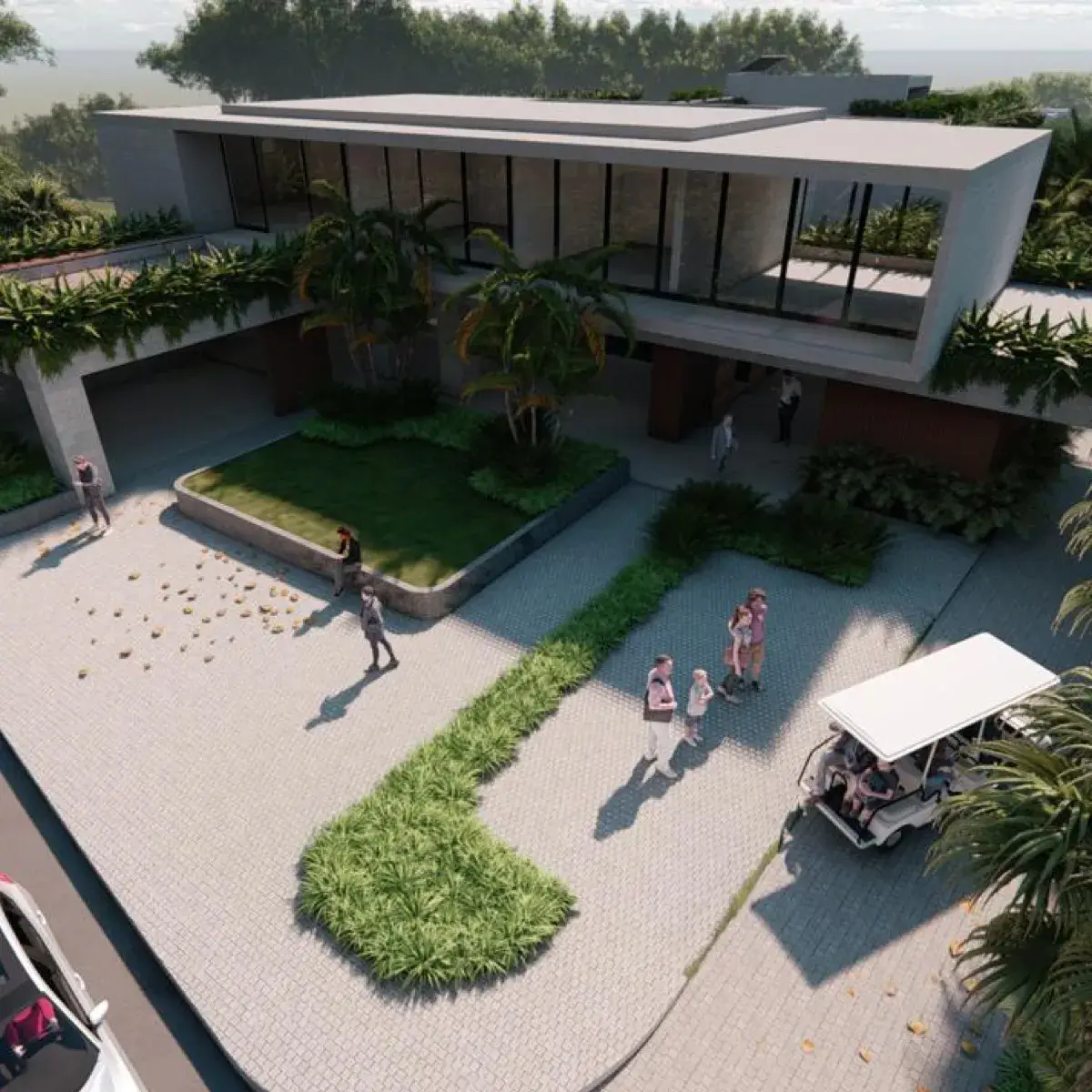 Aerial view of a modern two-story villa with large windows, a landscaped driveway, and people walking near a golf cart in a lush green environment.