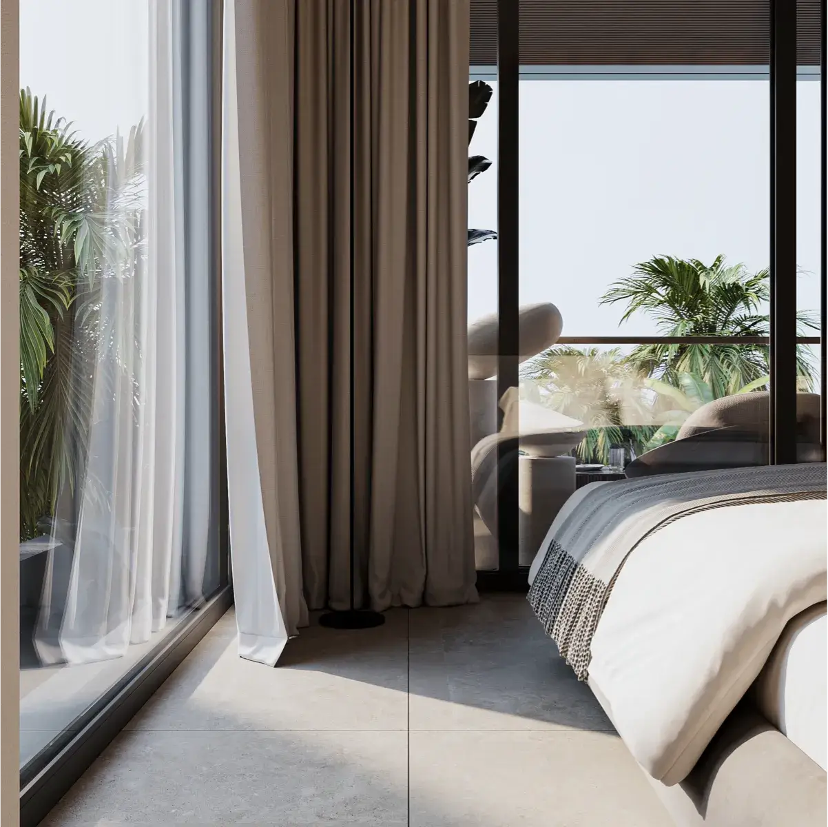 View of a modern bedroom interior with curtains partially open, revealing a balcony with greenery and palm trees outside.